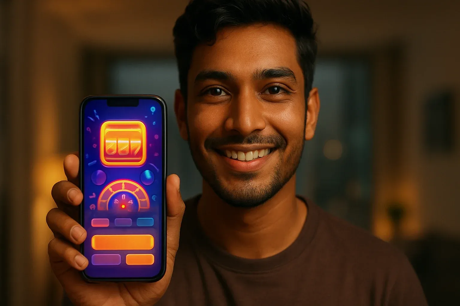 Young Bangladeshi man holding smartphone showing glowing mobile casino app UI