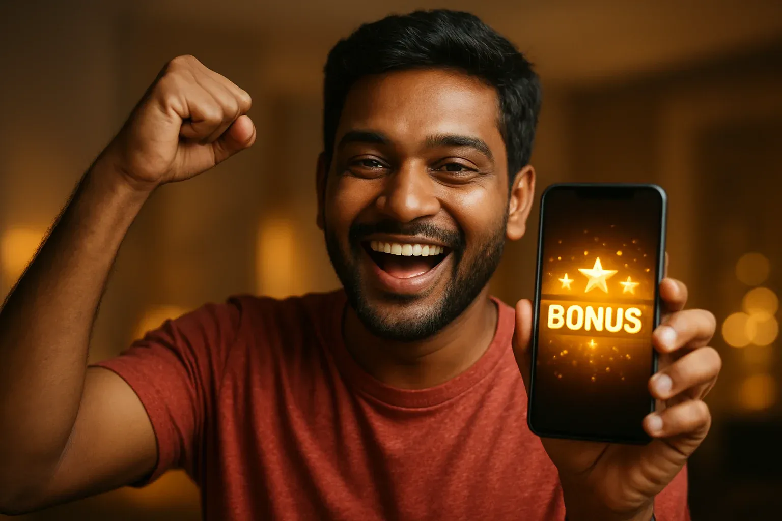 Joyful Bangladeshi man celebrating, holding smartphone with glowing bonus notification