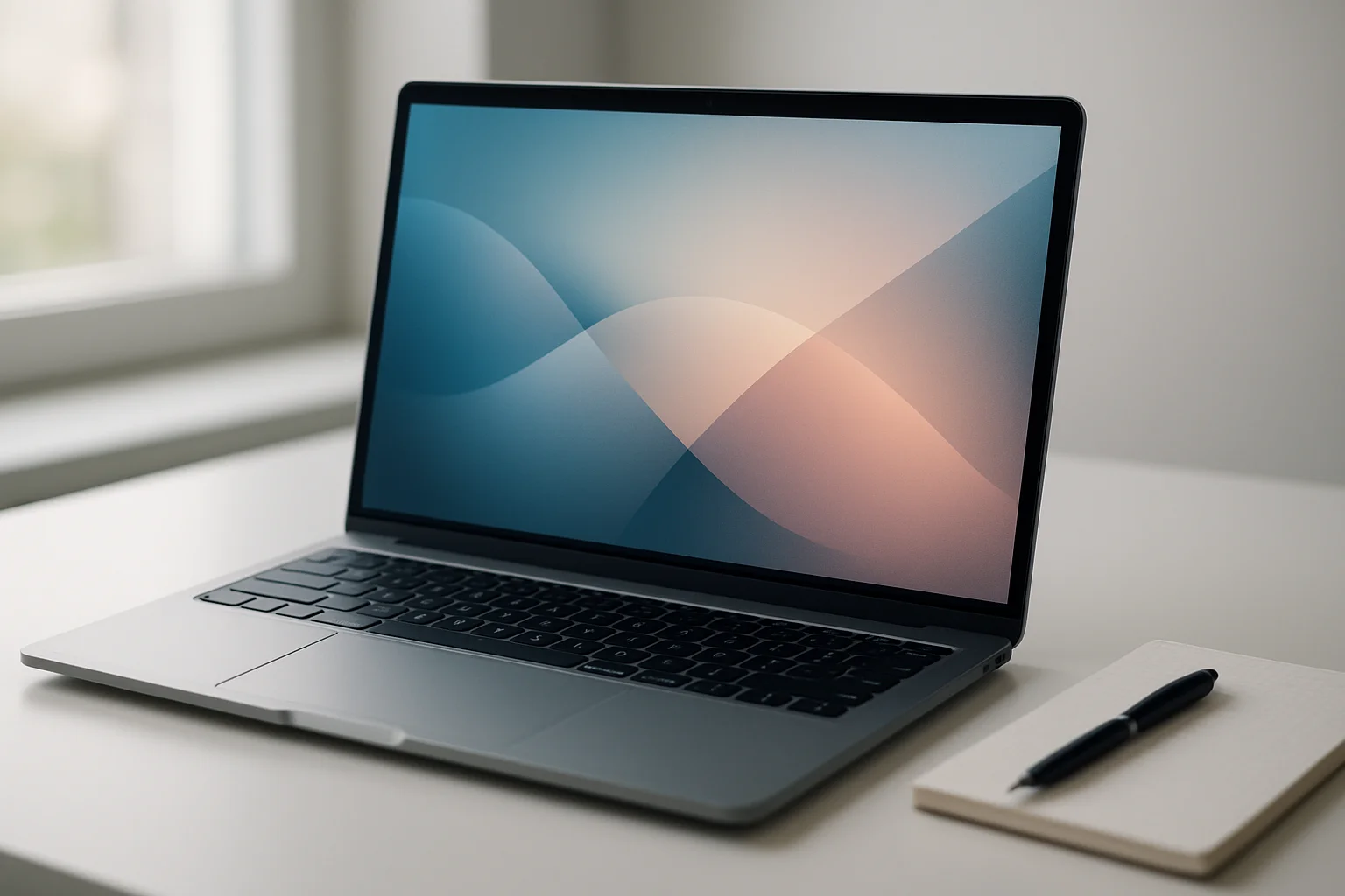Modern laptop on white desk with abstract glowing screen in daylight