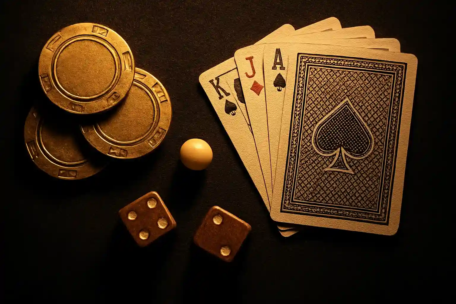 Top-down velvet casino scene with golden chips, cards, dice, roulette ball