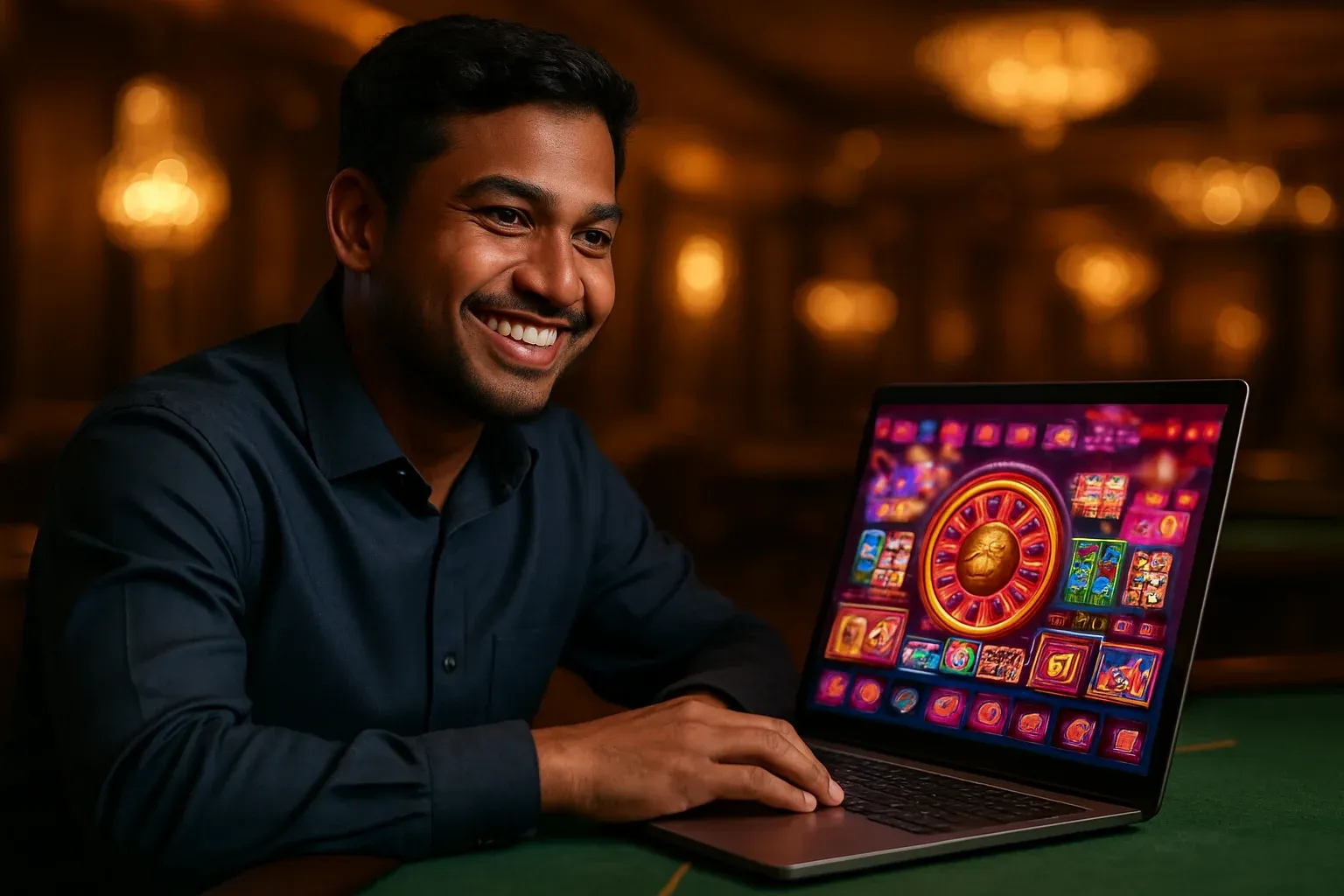 Cheerful Bangladeshi man smiling at open laptop with glowing casino interface