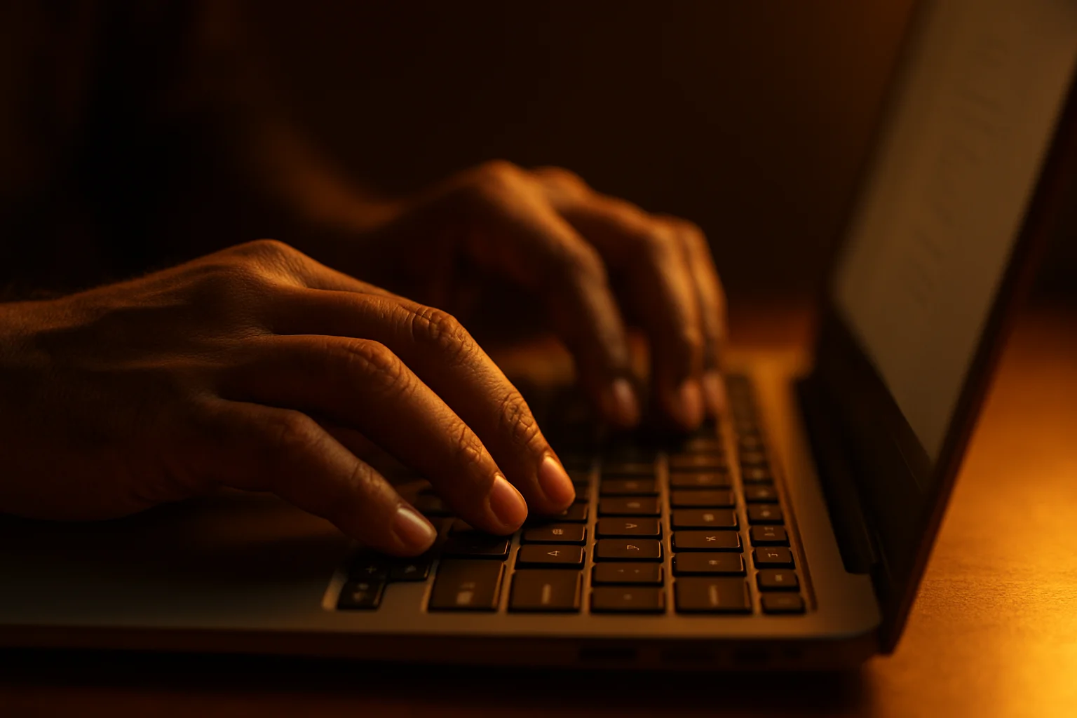 Close-up of Bangladeshi hands typing on laptop in dramatic light