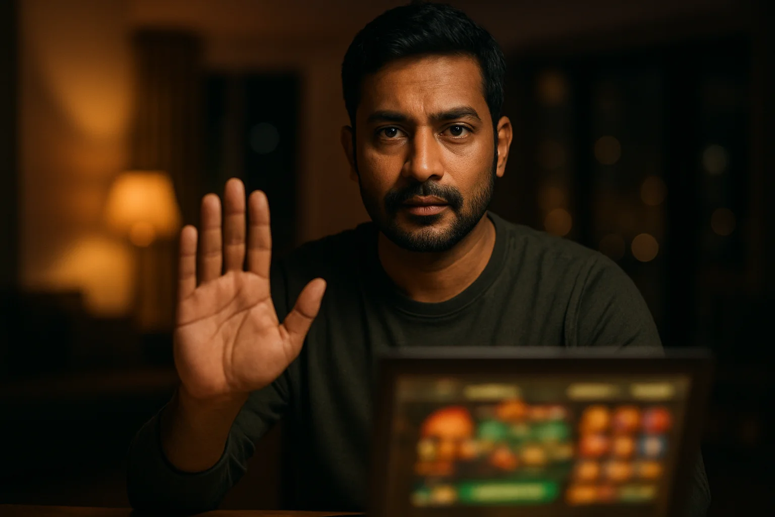 Confident Bangladeshi man shows stop gesture beside glowing online casino laptop