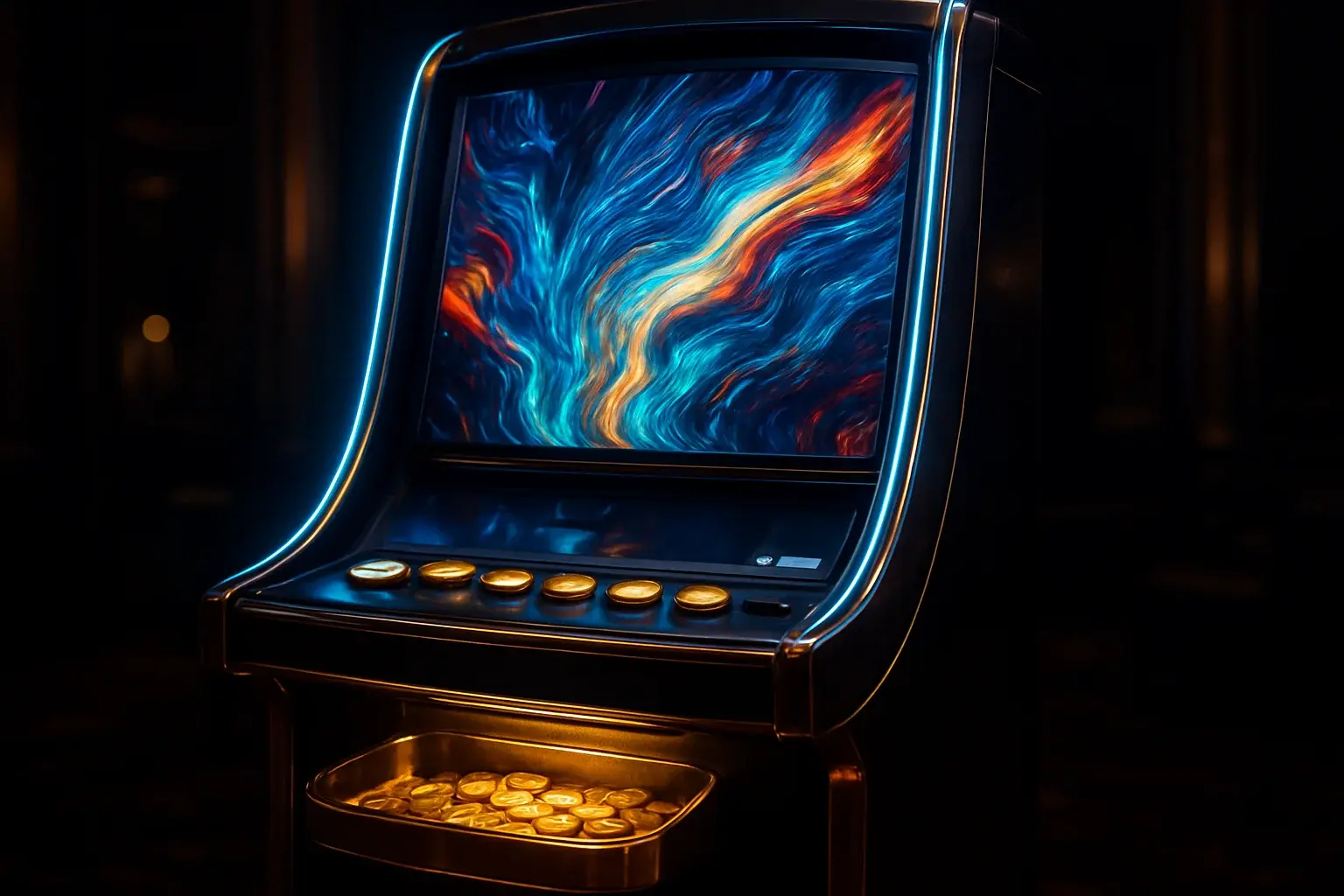 Hyperrealistic premium slot machine in dark luxury setting with neon lighting